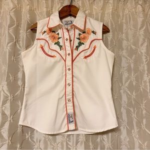 Vintage Panhandle Slim Western Sleeveless Embroidered Floral Button Front